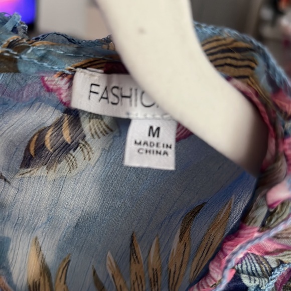 Blue pink chiffon ruffle open back sexy sun dress sheer mini - Picture 11 of 11